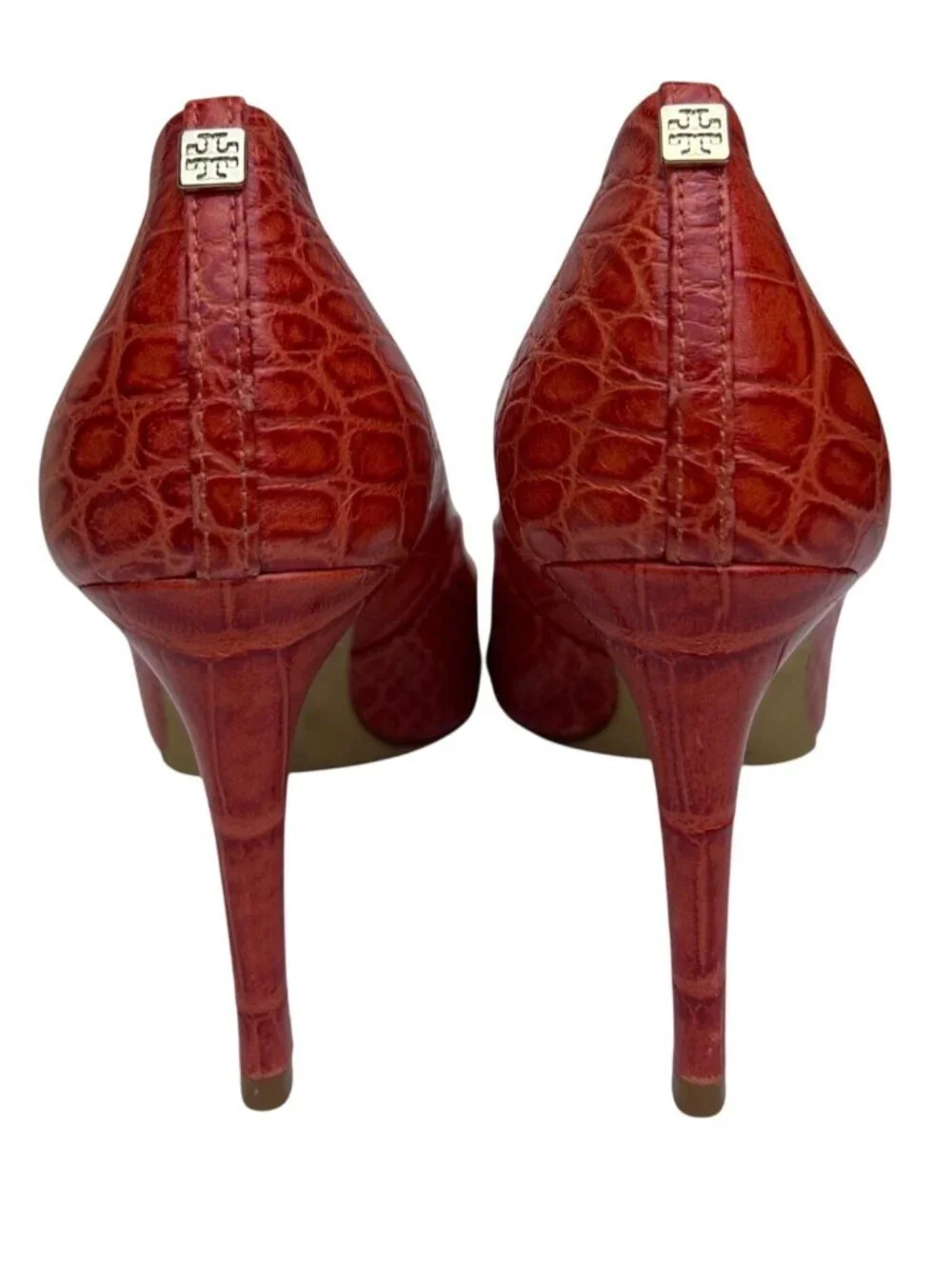 Tory Burch Stiletto High Heels Sz 7M Coral Red Croc Embossed Leather Pointed Toe
